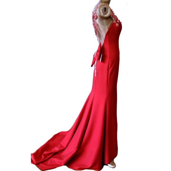 Vintage TATIK EDIZ Red Beaded Floral Detailed Evening Gown - Picture 3 of 11